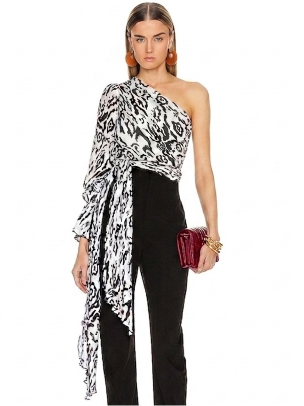 SELF PORTAIT Asymmetrical One-Shoulder Black White Animal Print Plisse Top Sz 8